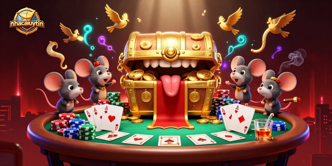 Engage with the nhacaiuytin treasure chest as adventurer mice discover riches around a vibrant poker scene.