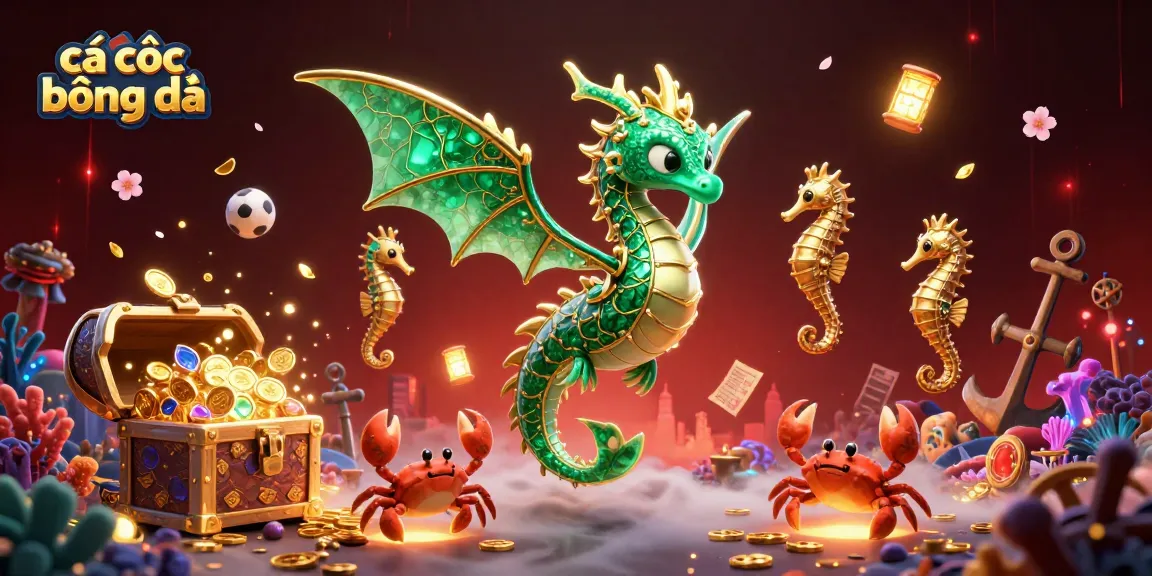 Cá cược bóng đá scene showcasing a majestic sea dragon and royal seahorse surrounded by sports balls, betting slips, and gold coins.
