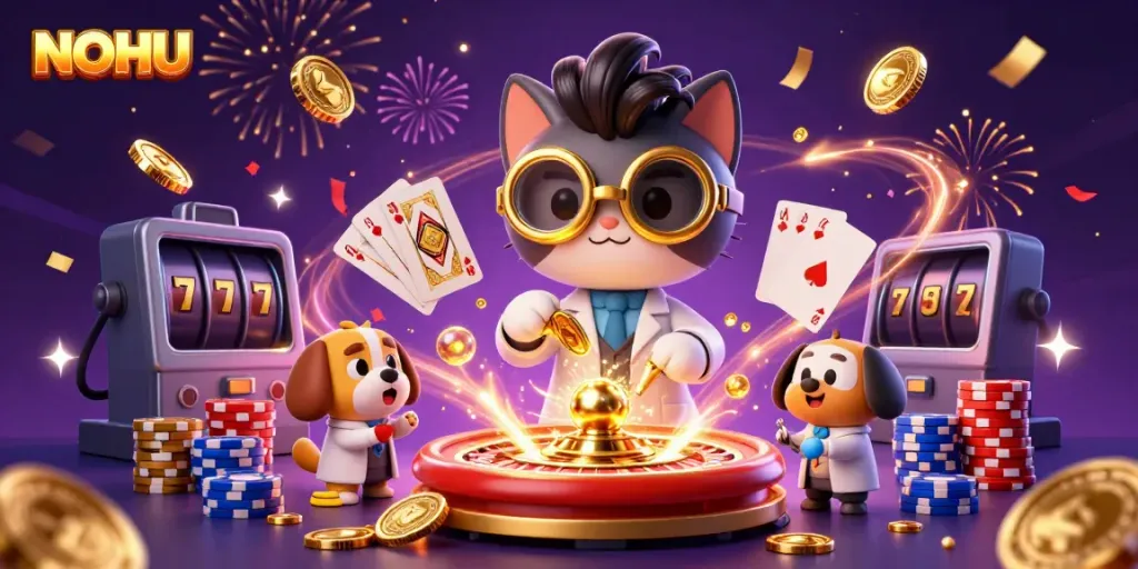 Engage with NOHU's thrilling casino experience featuring a mad scientist cat and loyal dog amidst dazzling coins and cards.