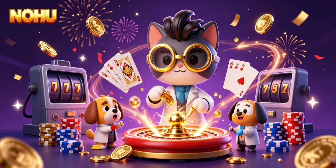 Engage with NOHU's thrilling casino experience featuring a mad scientist cat and loyal dog amidst dazzling coins and cards.
