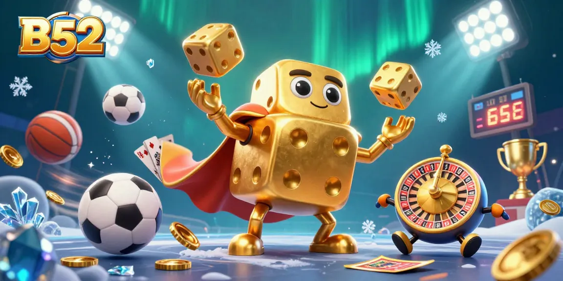 B52 casino fun with golden dice golem juggling, sports elements, and betting excitement