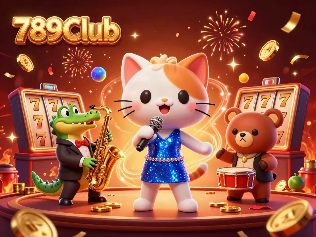 Experience the excitement of 789Club with a lively casino scene featuring characters celebrating with slot games and festive elements.