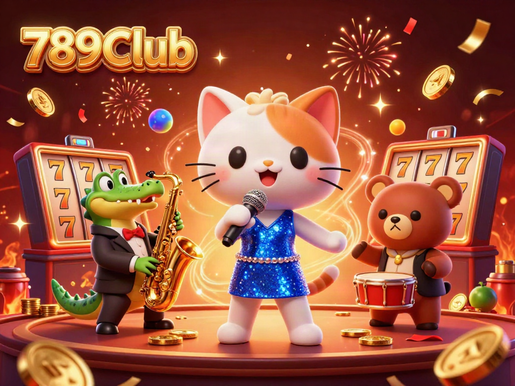 Experience the excitement of 789Club with a lively casino scene featuring characters celebrating with slot games and festive elements.