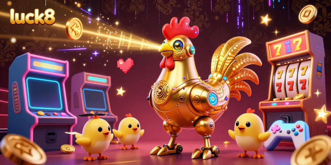 Experience high-energy gameplay with luck8 featuring a golden rooster robot and arcade elements.