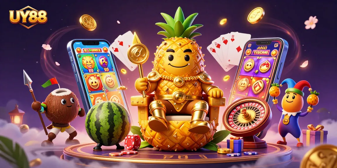 Experience the vibrant energy of UY88 with a dynamic beach casino scene showcasing a golden pineapple king and magical game elements.
