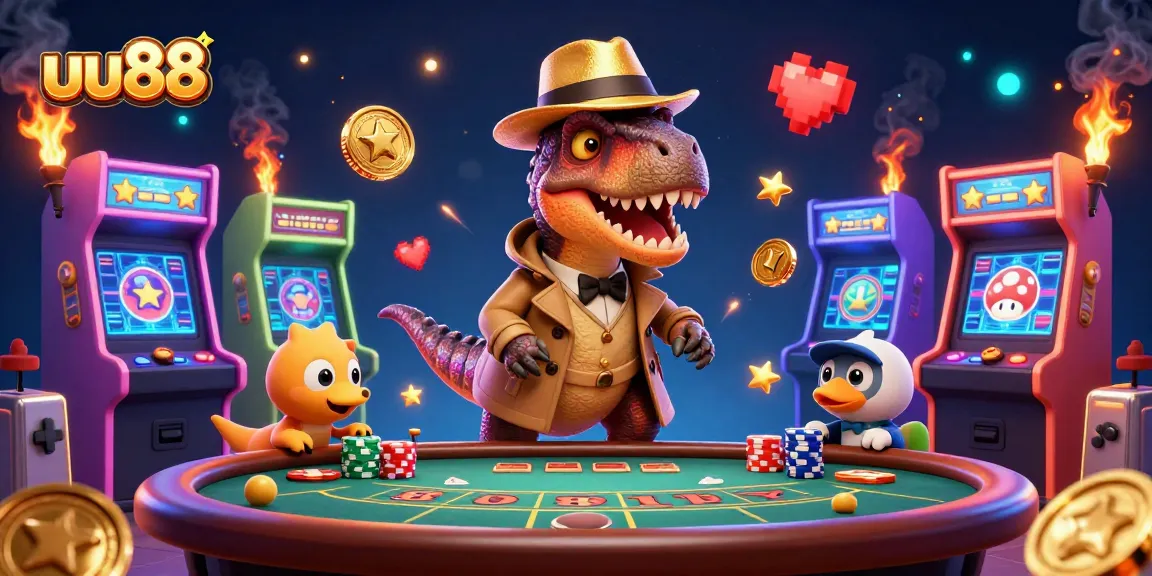 uu88 offers thrilling casino experiences, featuring a velociraptor card counter sneakily playing blackjack.