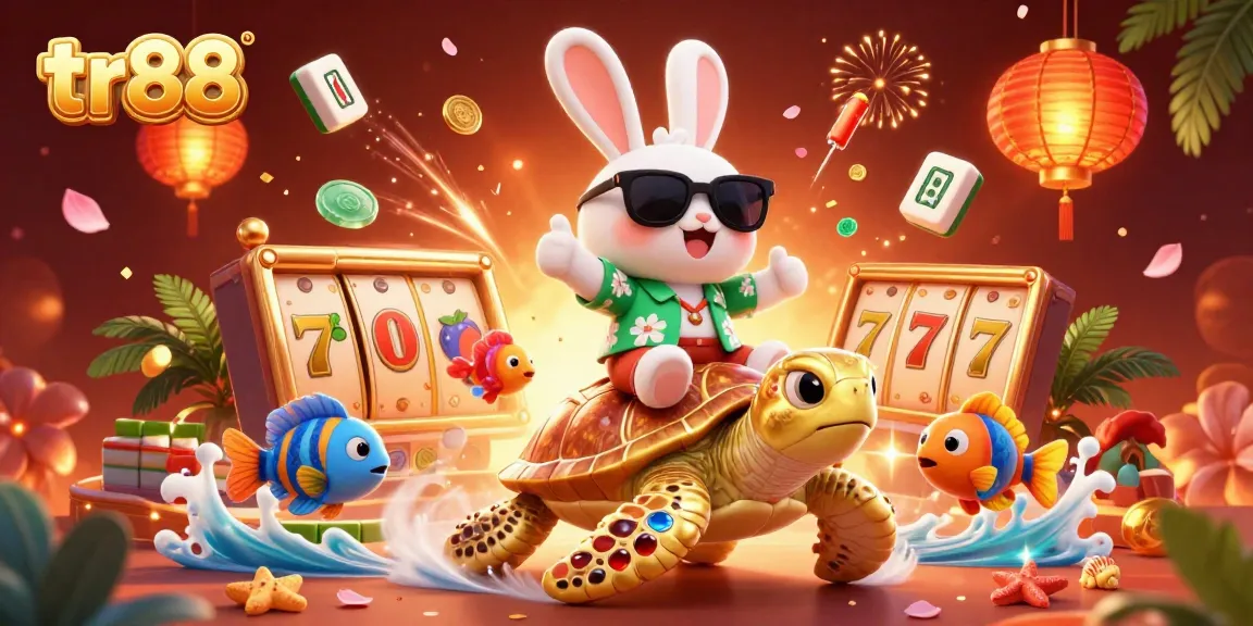 Experience exciting wins at tr88 with a lucky rabbit and golden sea turtle amid vibrant casino themes.