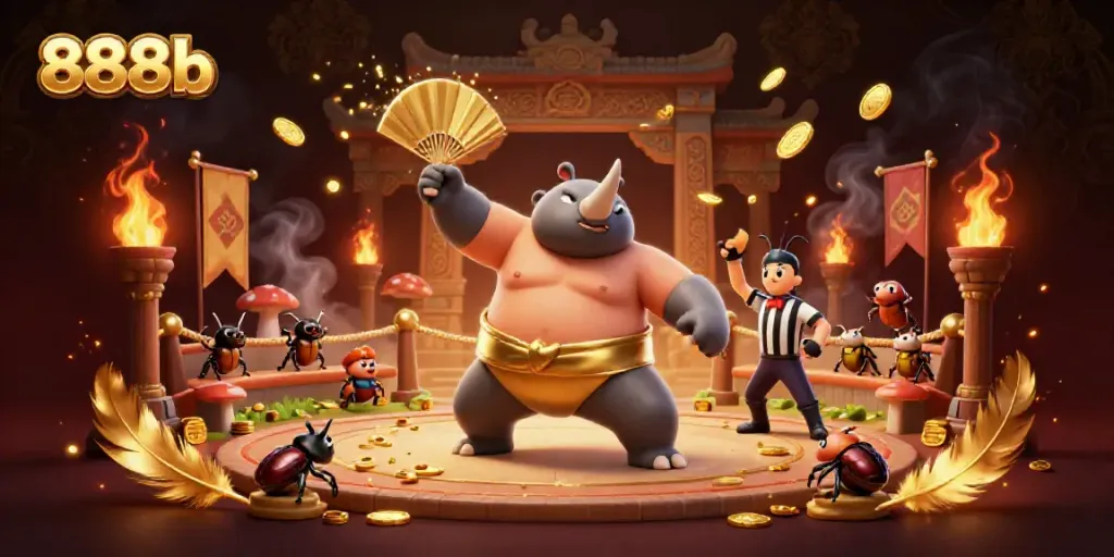 Experience the excitement of 888b with a vibrant 3D scene featuring a beetle sumo champion and energetic betting action.