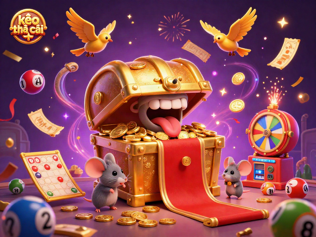 Kèo nhà cái themed illustration, featuring a treasure chest and colorful lottery balls in a vibrant casino scene.