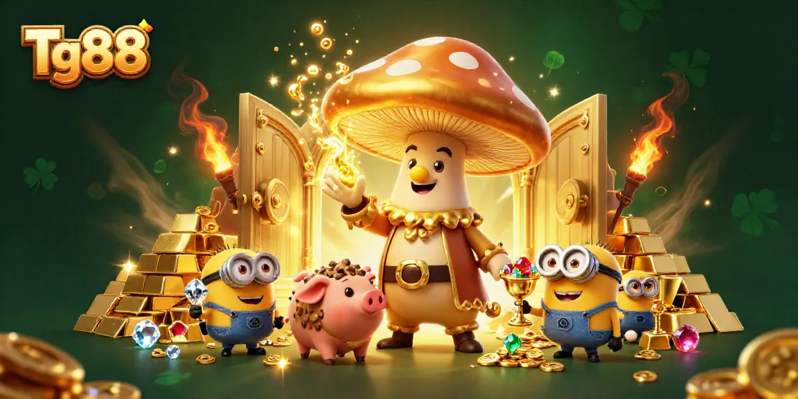 Tg88 promotional illustration featuring a golden mushroom wizard turning treasures to gold, immersing viewers in online gaming magic.