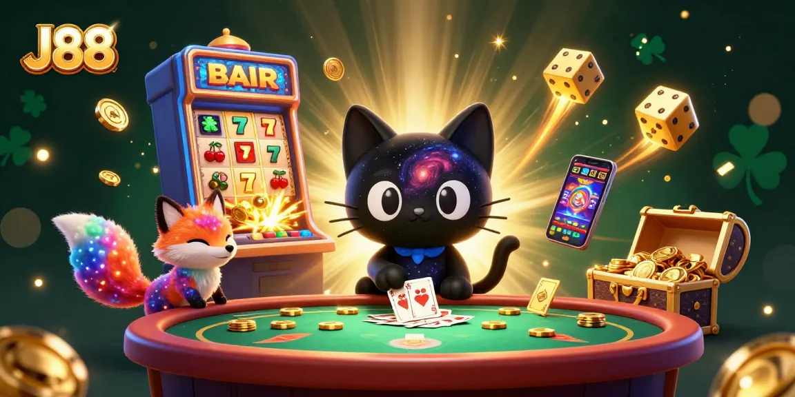 J88 offers an engaging cosmic casino experience with a black hole cat and colorful fox.