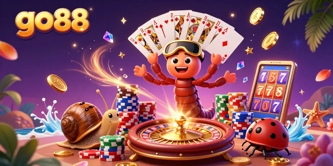 Go88 casino illustration with colorful characters, cards, and chips in an exciting gaming scene.
