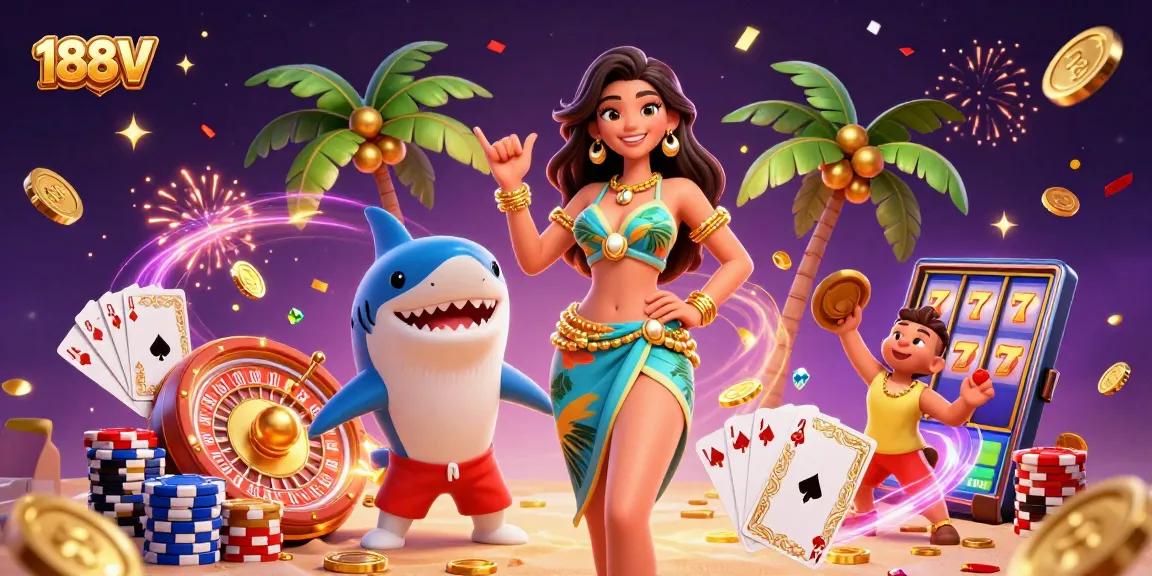 Win big with 188V in a vibrant casino atmosphere featuring shimmering coins and a lucky shark.