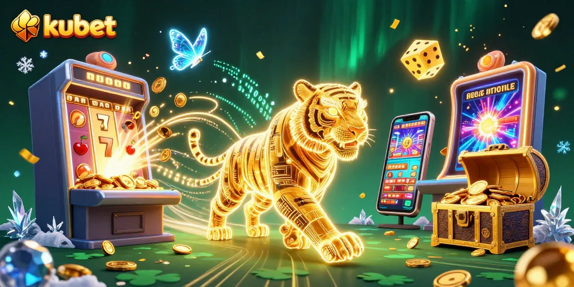 Kubet engages players with a vibrant digital casino scene featuring a neon tiger and dynamic slots.