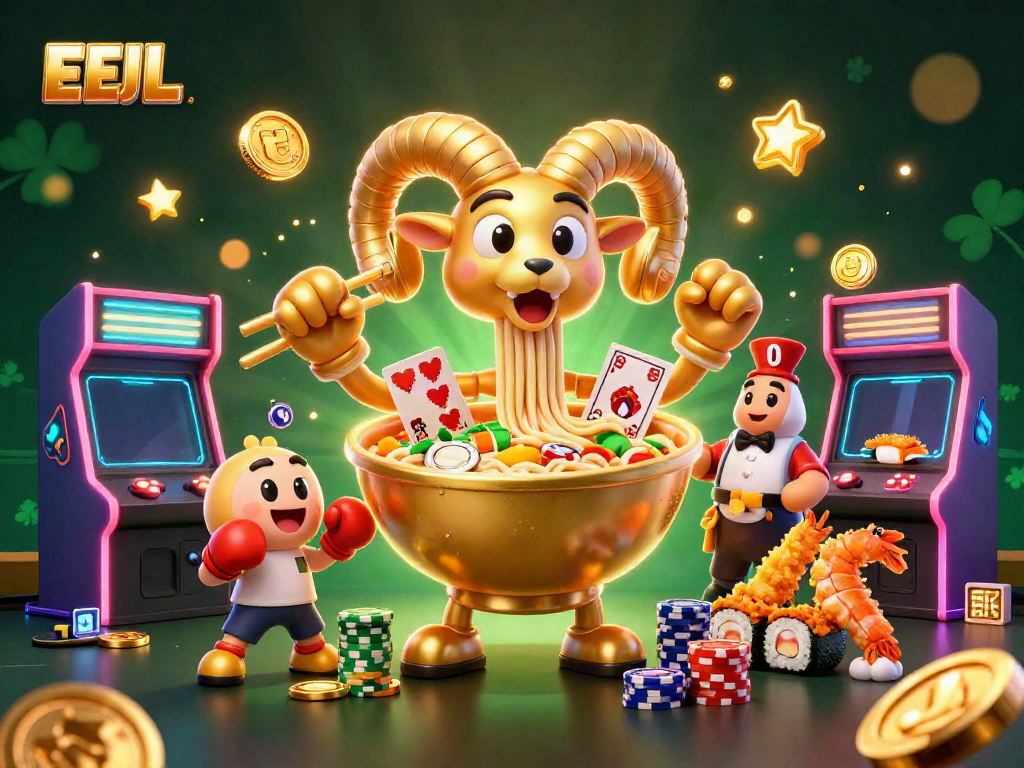 Engage with EEJL's vibrant casino illustrated scene featuring a ramen bowl dealer and cheerful characters.