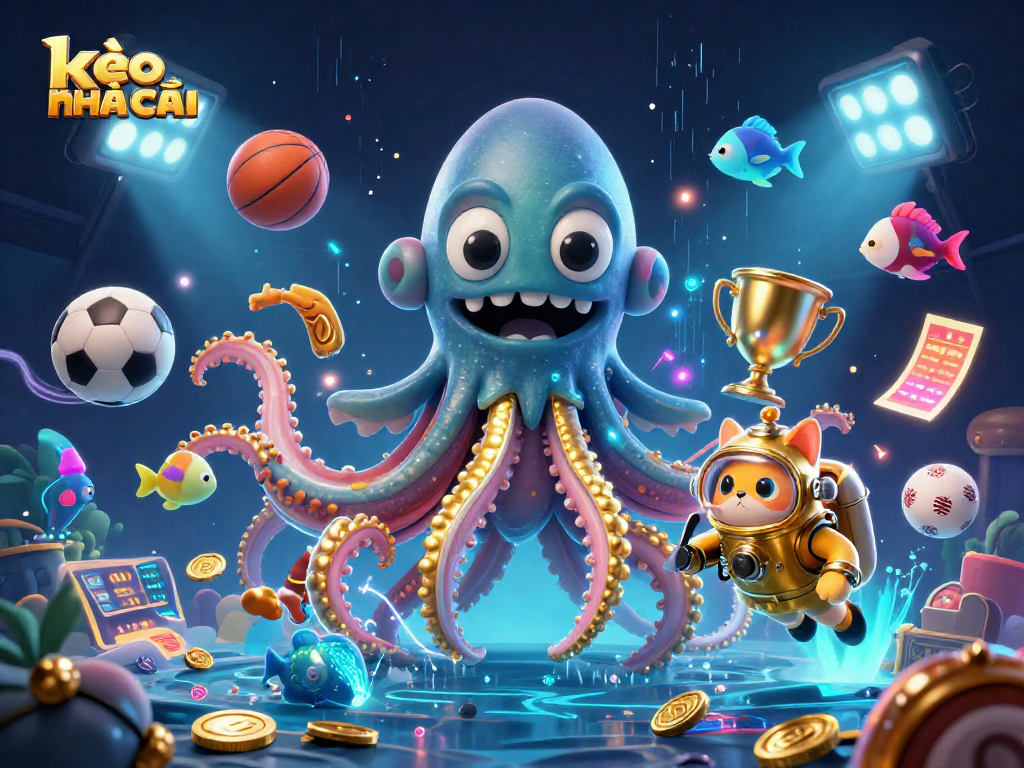 Bet on kèo nhà cái with vibrant 3D casino illustration featuring kraken and diving cat.