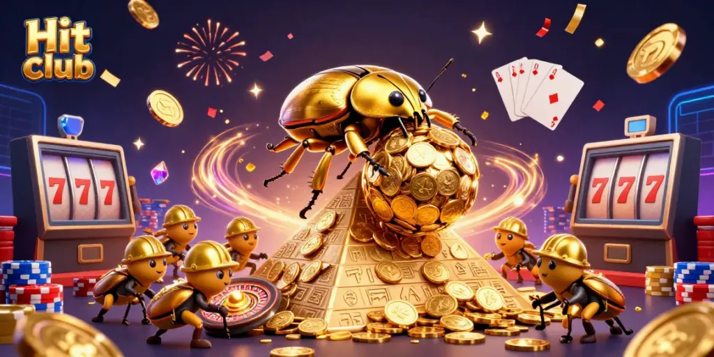 Experience the thrill of Hit club with a golden dung beetle rolling coins in this vibrant casino scene.