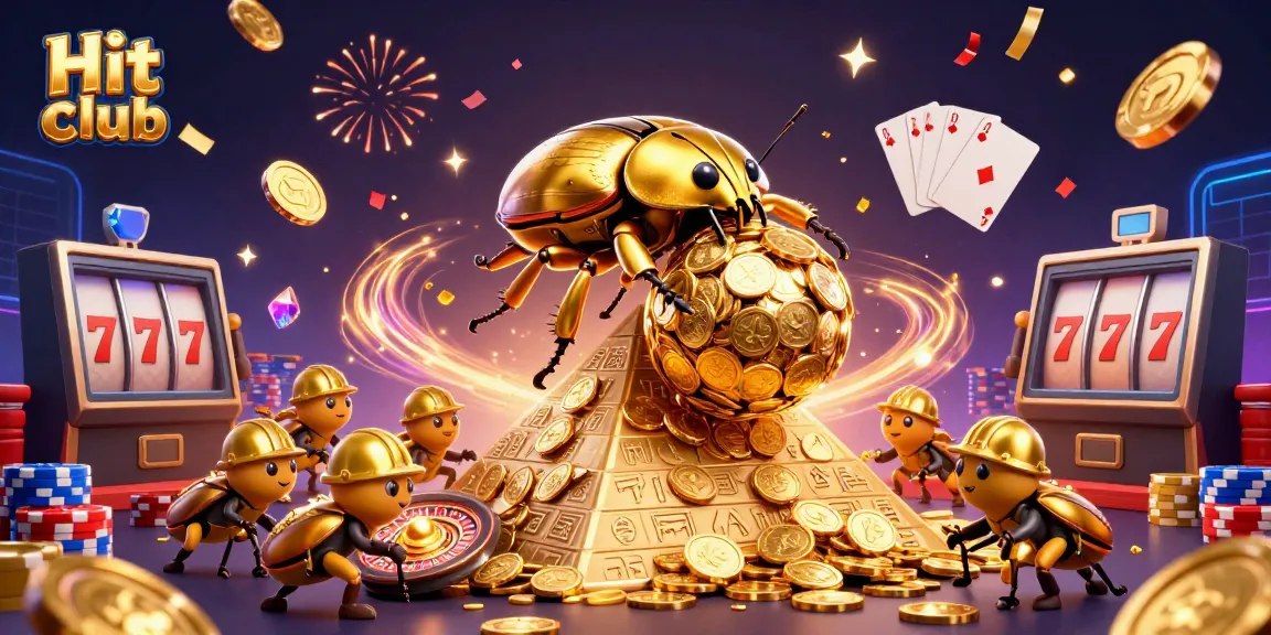 Experience the thrill of Hit club with a golden dung beetle rolling coins in this vibrant casino scene.