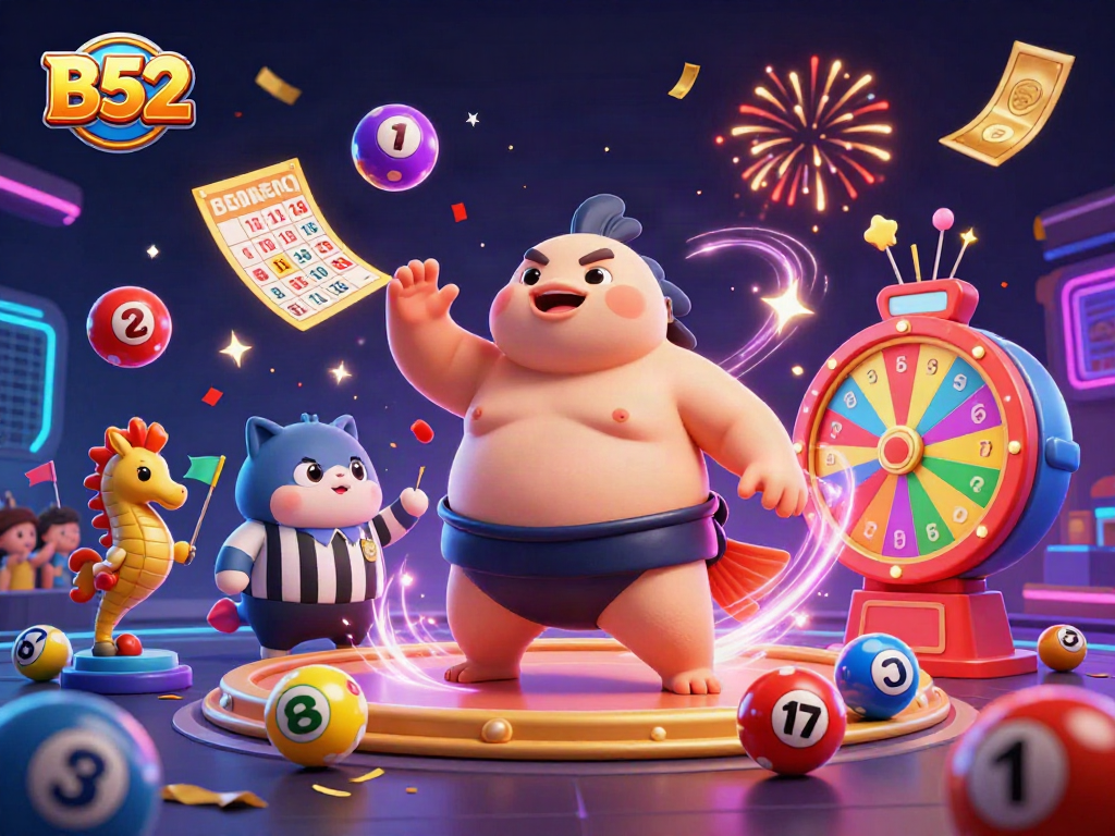 B52 enthusiasts celebrate a dynamic lottery scene featuring a puffed fugu, wise catfish referee, and vibrant elements.