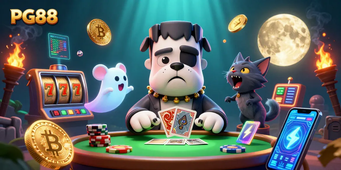Experience PG88's thrilling card games as the Frankenstein bulldog dealer entertains with spooky style.