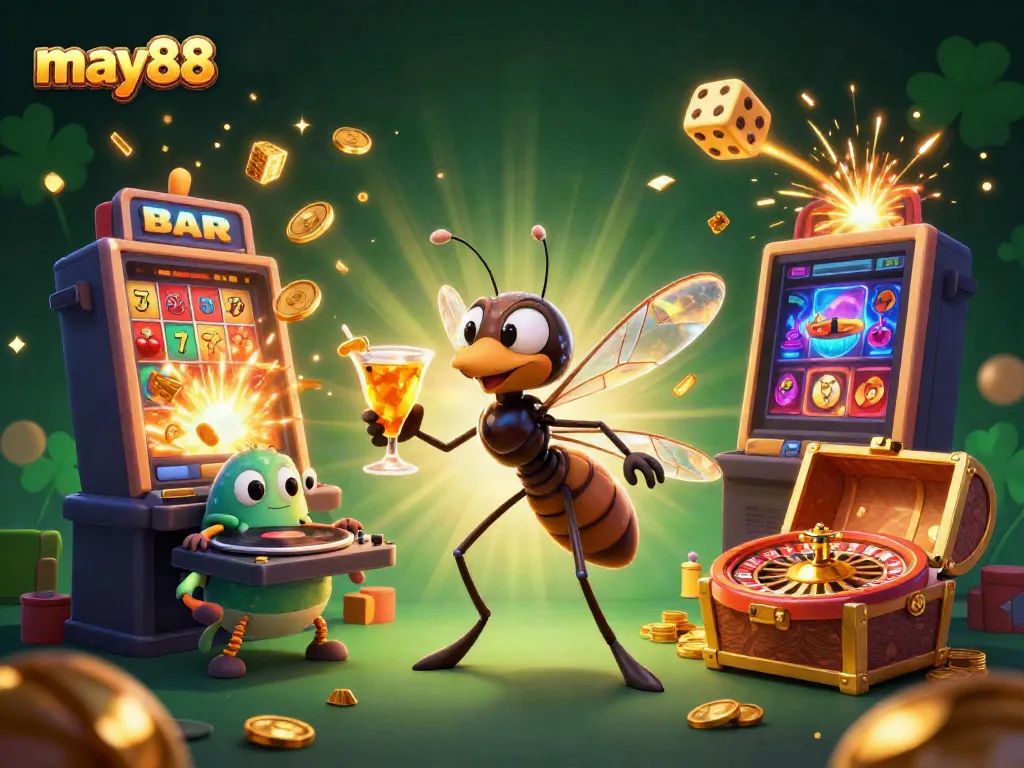 Experience the excitement of may88 with vibrant casino elements like slots, roulette, and mascots.