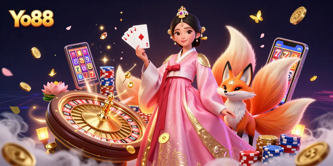Yo88 casino scene showcasing a graceful Asian woman, lucky fox, and vibrant gaming elements.