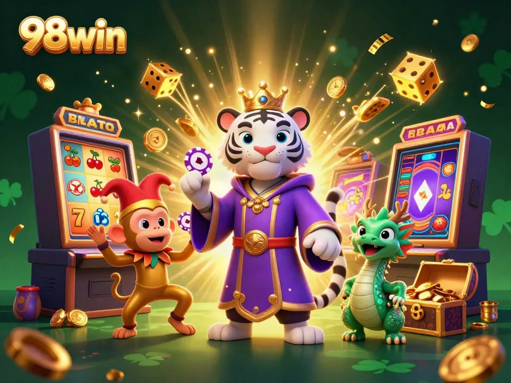 Experience the vibrant action of 98win with a joyful scene of animated characters and casino games.