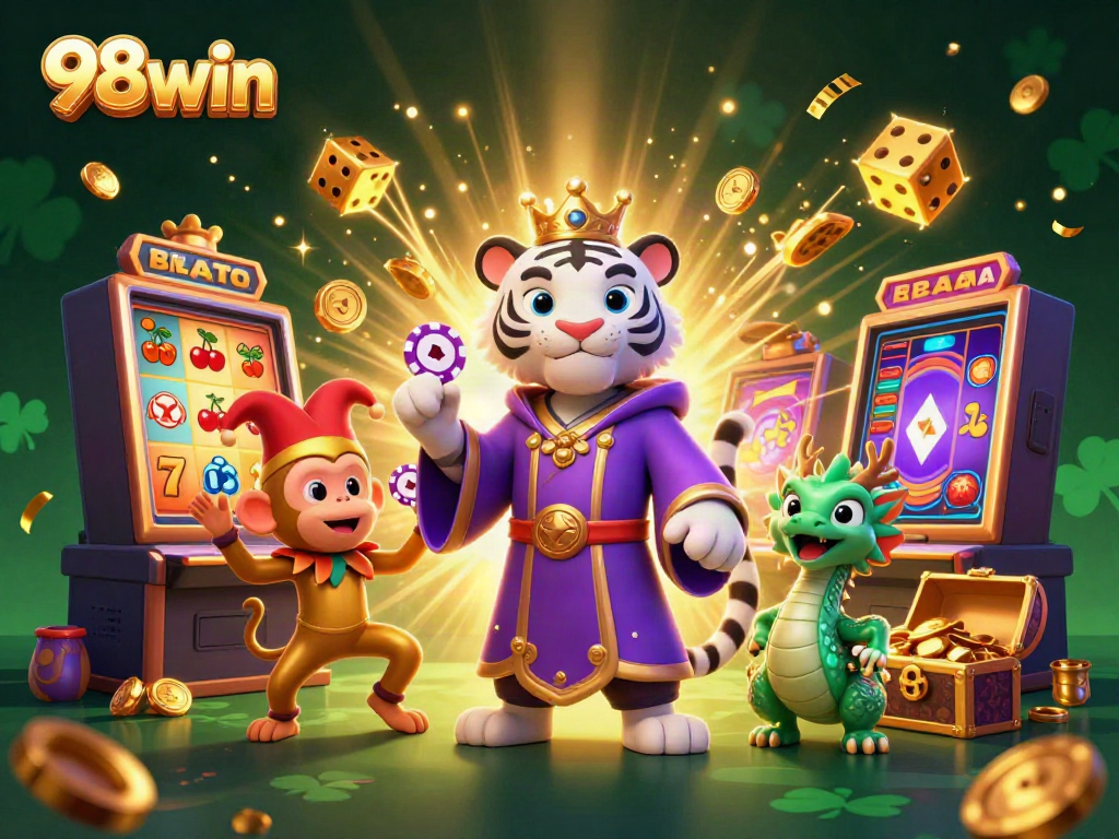 Experience the vibrant action of 98win with a joyful scene of animated characters and casino games.