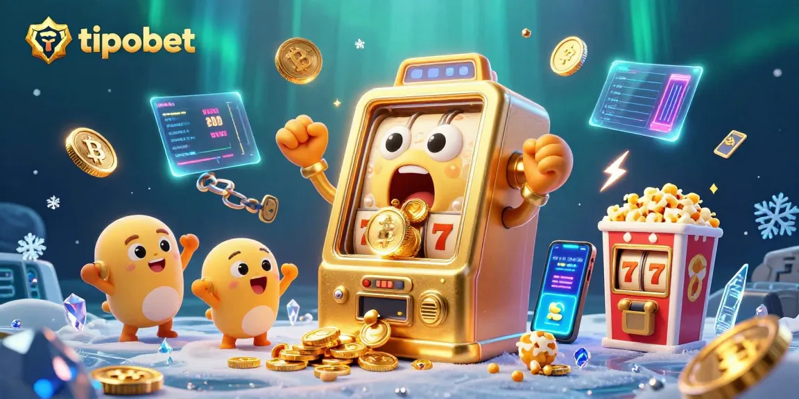 Tipobet ile eğlencenin zirvesine ulaşan, jackpot kazanmış altın slot makinesi ve etrafındaki coşkulu karakterler.