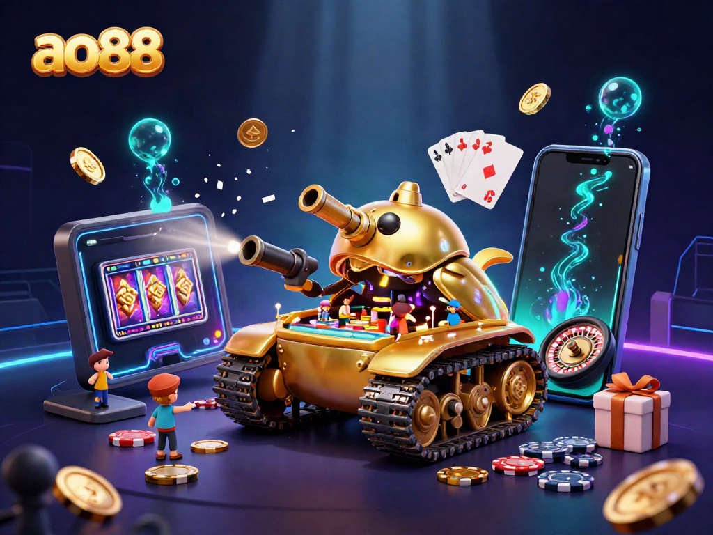 Experience the thrilling action of ao88 with a vibrant 3D casino scene featuring a golden beetle tank and slot games.