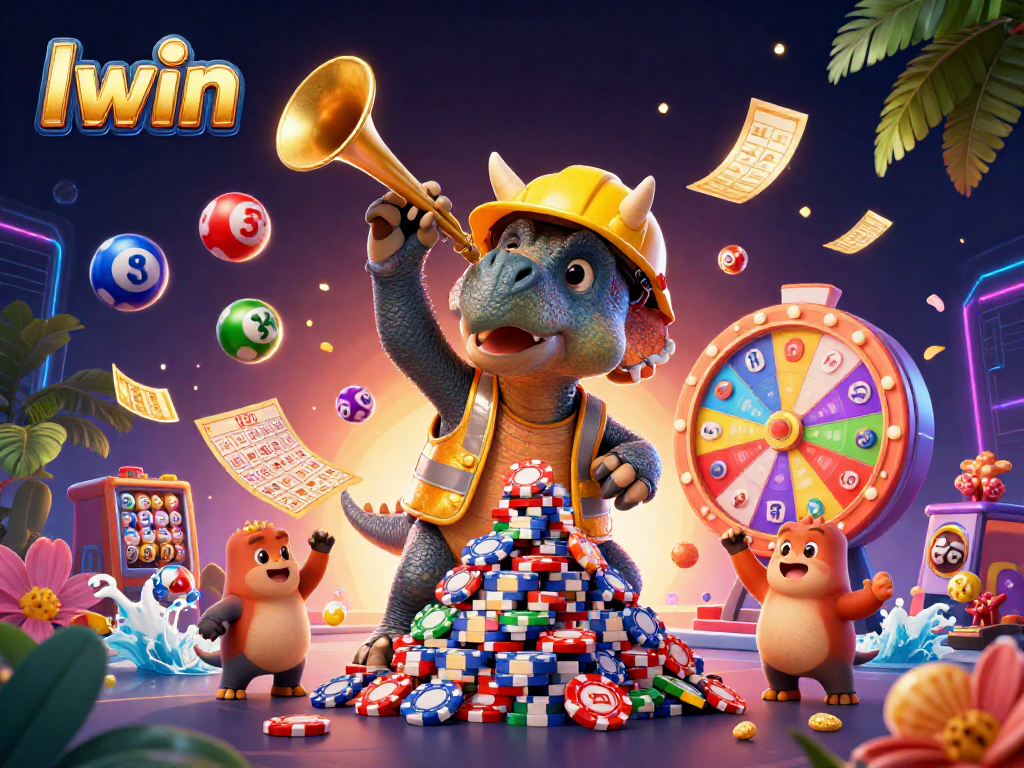 Iwin celebrates winnings with vibrant animated characters building poker chip pyramids, and colorful lottery elements.