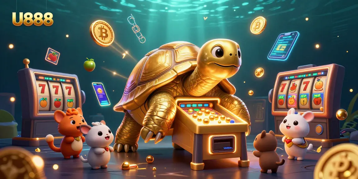 Experience the thrilling U888 casino adventure with vibrant slot reels and glowing cryptocurrencies.