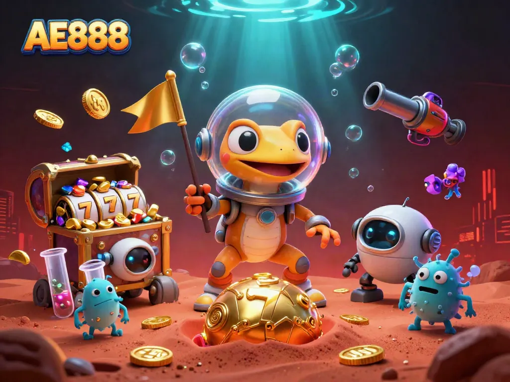 Engage with AE888 casino experience featuring a Martian gecko discovering treasures amidst vibrant gambling activities.