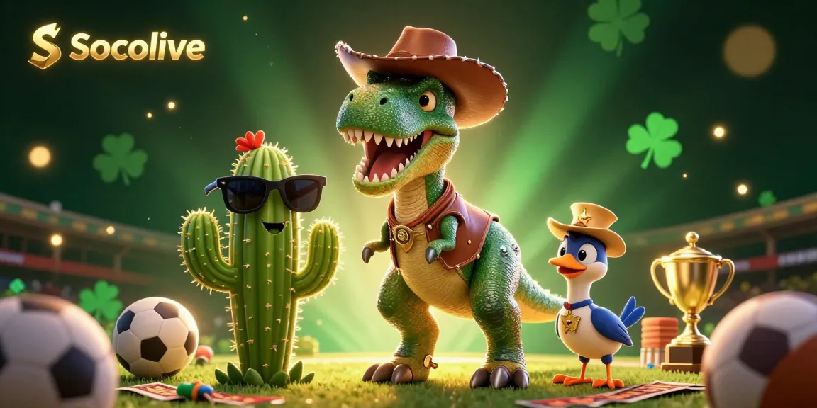 Socolive sports betting scene featuring a cowboy T-Rex and cactus with betting elements