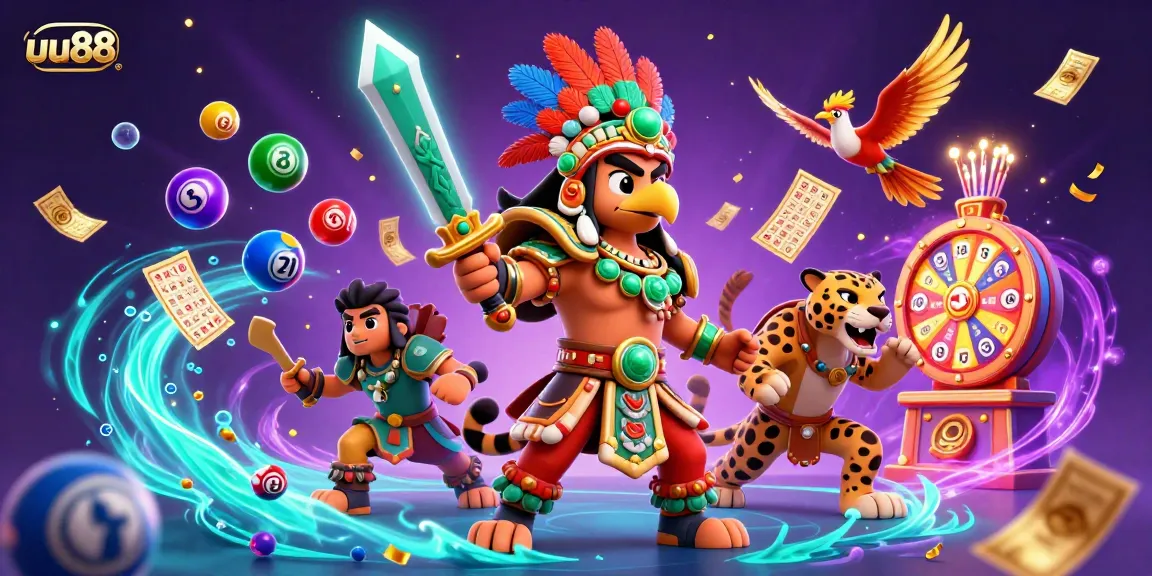 Experience exciting gaming adventures at uu88 with vibrant illustrations featuring Aztec warriors and dynamic lottery elements.
