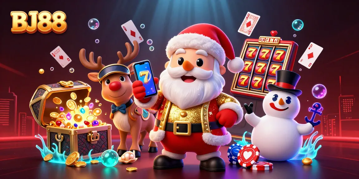 BJ88 brings excitement with a dazzling casino scene featuring Santa, a reindeer dealer, and a poker chip snowman.