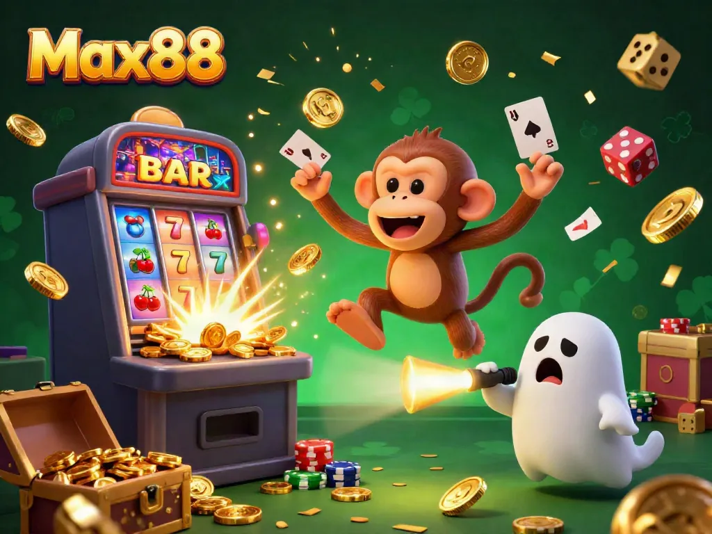 Engaging casino scene with Max88 features a playful monkey and ghost-hunter puppy amid golden slot machine action.