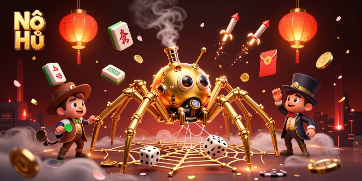 Nổ Hũ reveals exciting jackpot scenes with a whimsical golden spider and gambling elements.