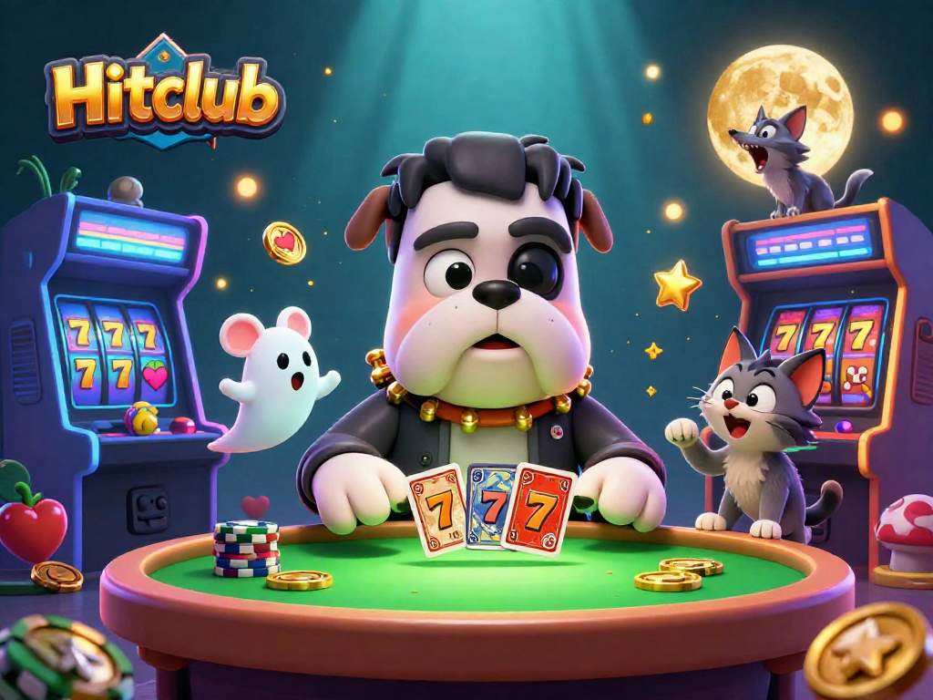 Experience thrilling games at Hitclub with a lively 3D casino illustration showcasing vibrant characters and slot elements.