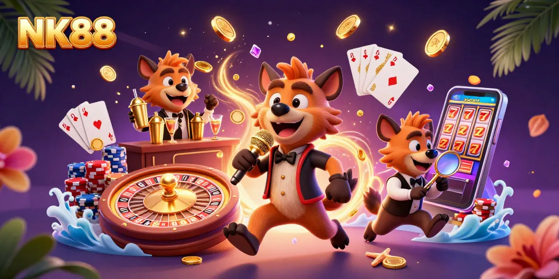 Enjoy thrilling games at NK88's vibrant casino scene filled with excitement and lively characters.