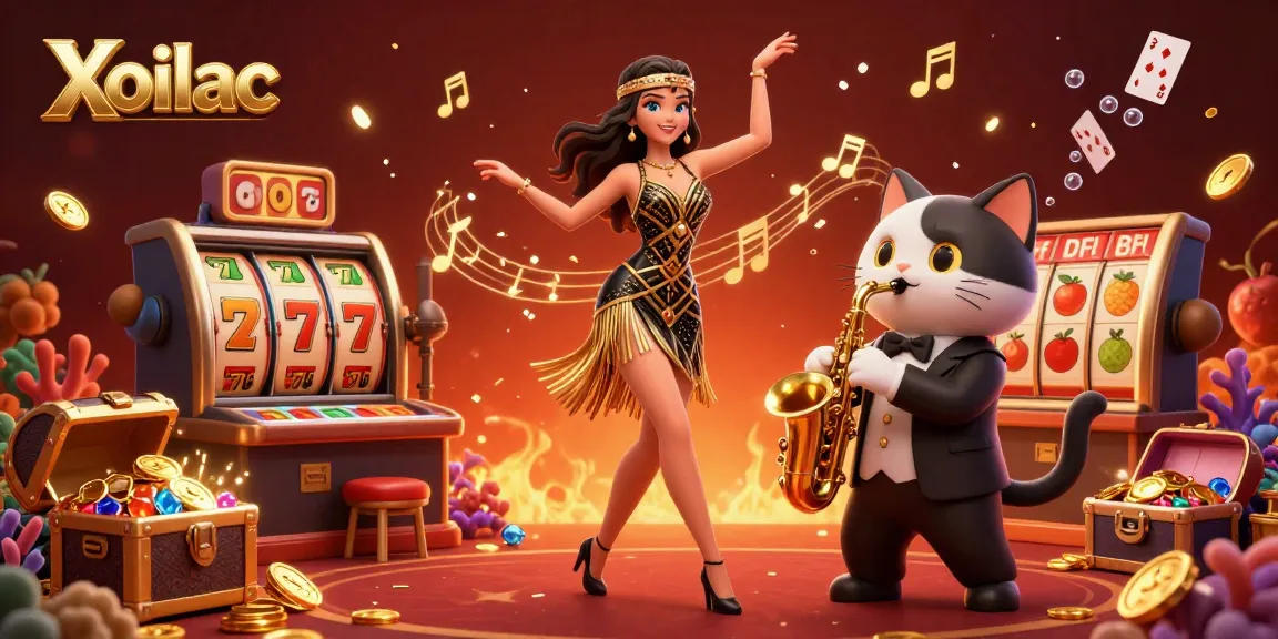 Xoilac showcases a vibrant casino scene with a flapper dancing and a saxophone-playing cat amidst dynamic gambling elements.