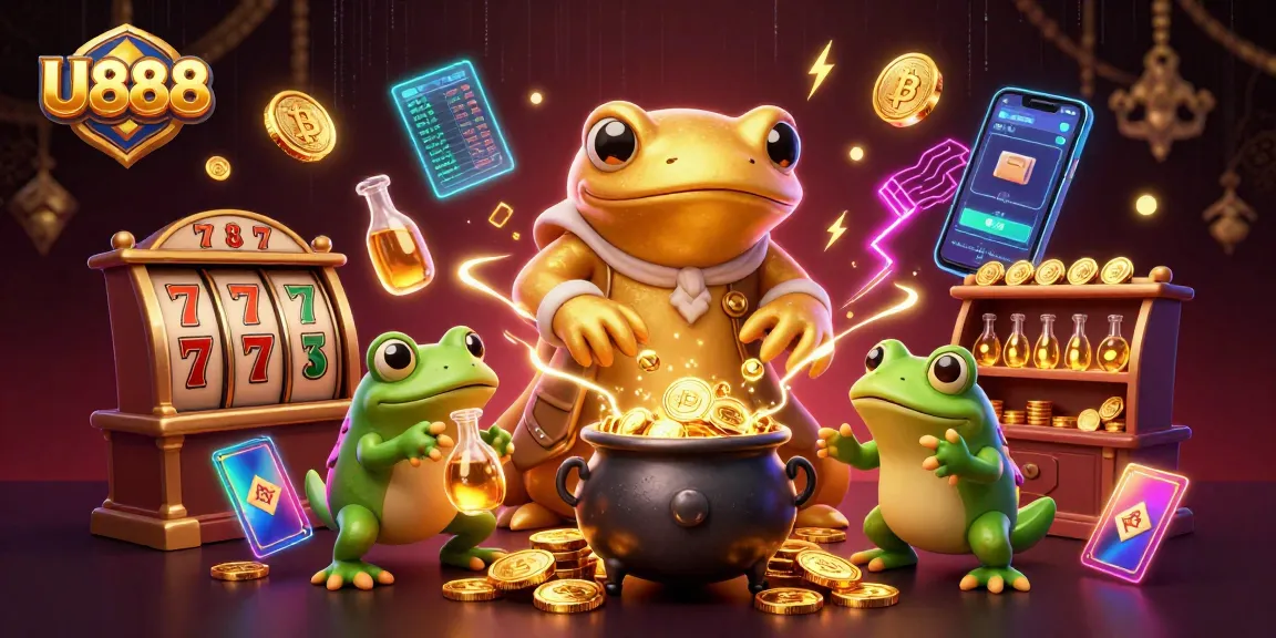 Experience gaming excitement with U888 in a vibrant 3D casino scene filled with gold coins and crypto.