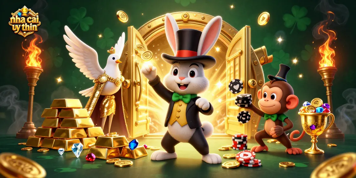 Play thrilling games at nha cai uy tin with a vibrant 3D illustration of a magician rabbit, dove, and monkey amidst gold treasures.