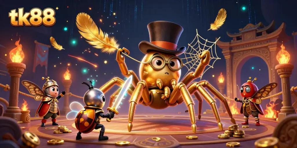Engaging 3D scene depicting tk88 with a golden tarantula and beetle knight in a casino setting.
