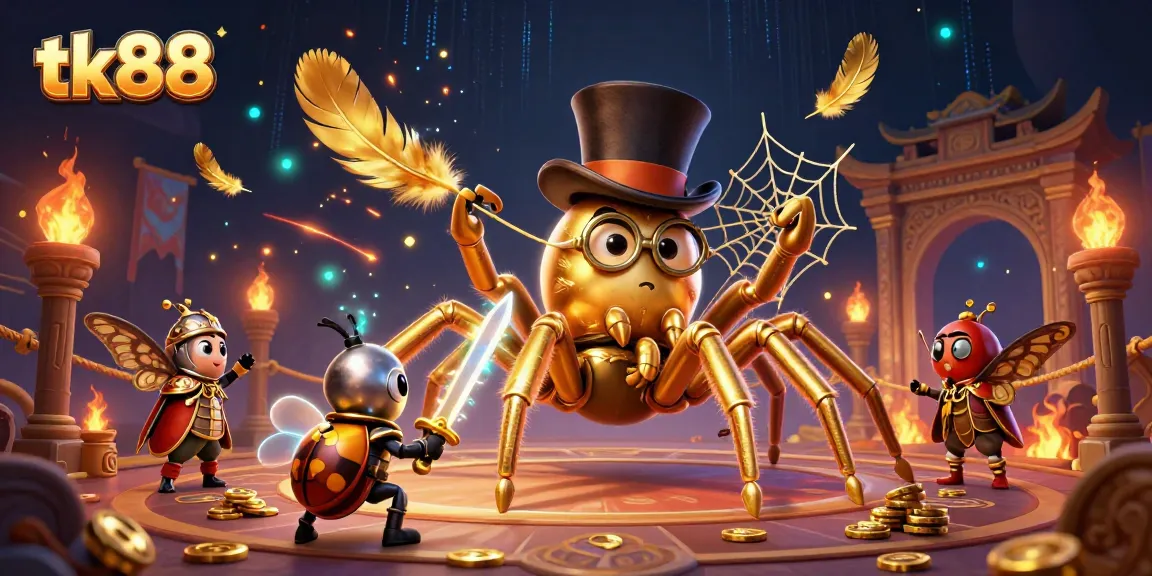 Engaging 3D scene depicting tk88 with a golden tarantula and beetle knight in a casino setting.