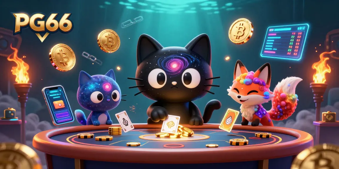 Engage with PG66, winning at a cosmic casino table surrounded by cryptocurrency elements.