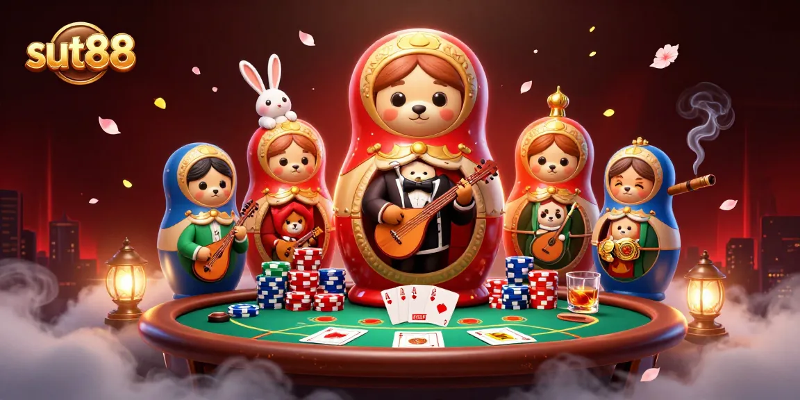 Sut88 brings to life a vibrant casino scene with playful bears and dynamic gaming elements.