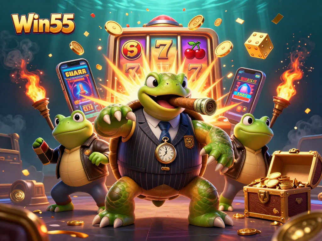 Win55 captures the excitement of slots with a turtle mobster and bullfrog enforcers in a vibrant casino scene.