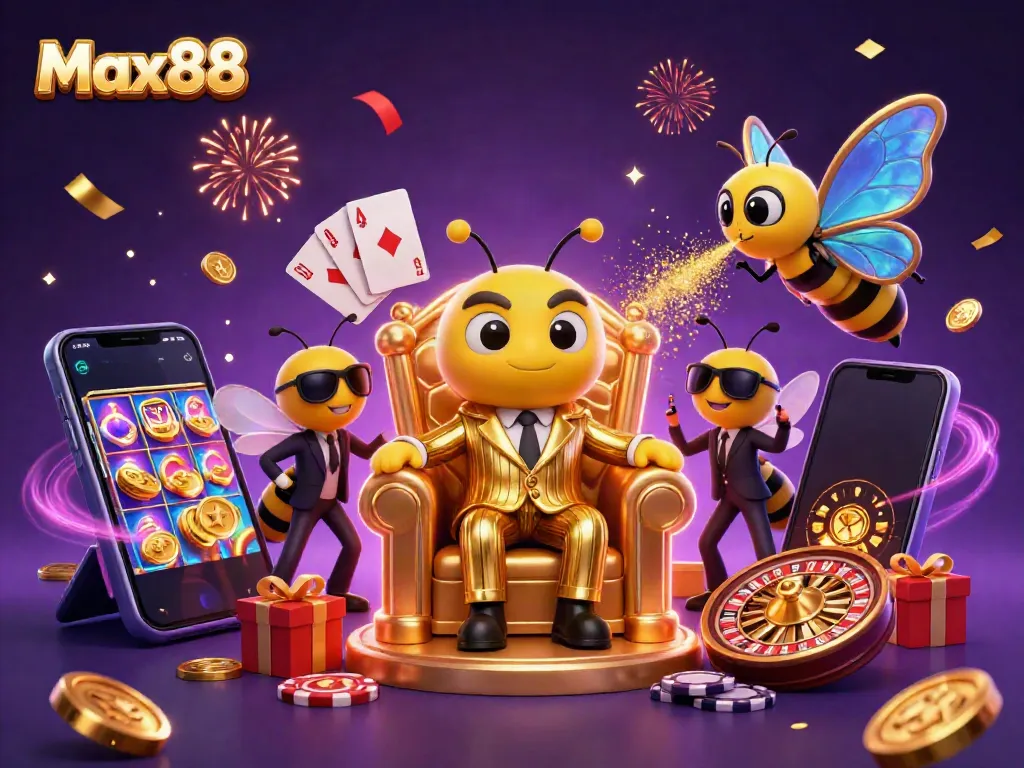 Max88 showcases a vibrant 3D casino scene with characters and colorful gaming elements, illustrating the excitement of online gambling.