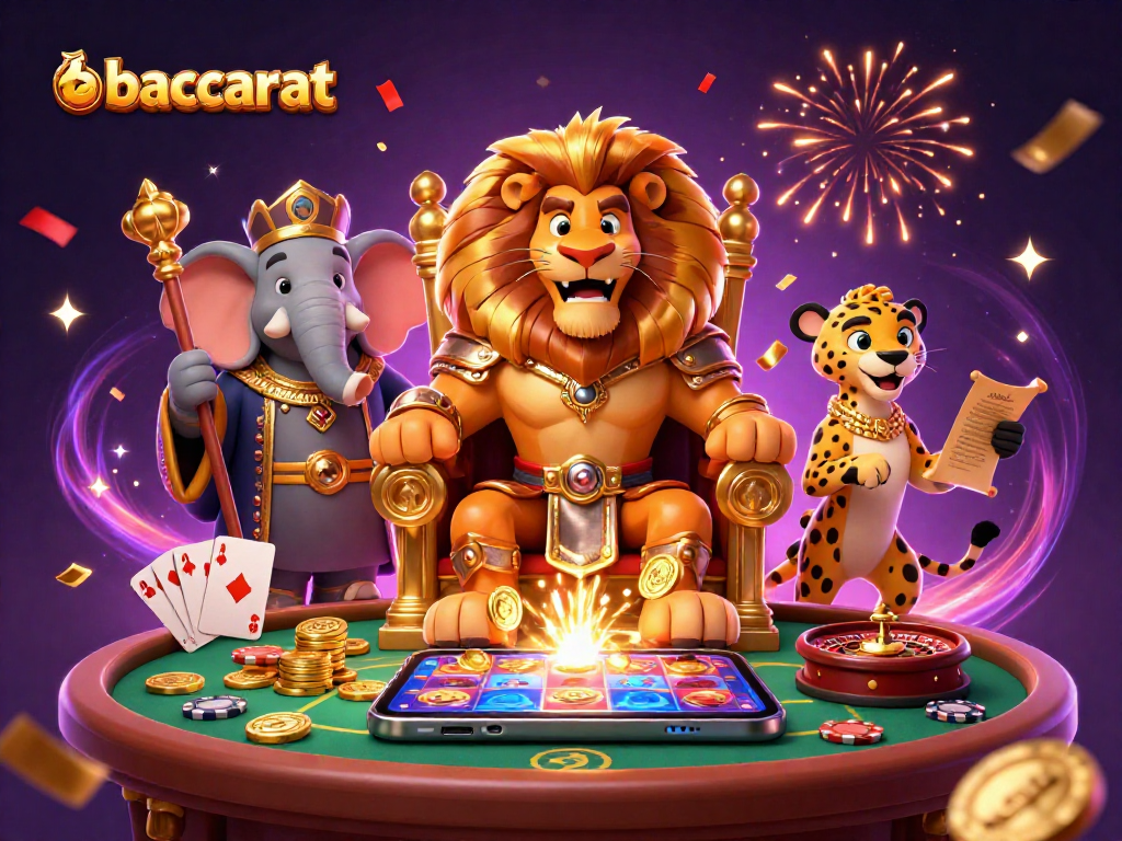 Baccarat scene showcasing a lion king, elephant advisor, and cheetah surrounded by gaming elements.